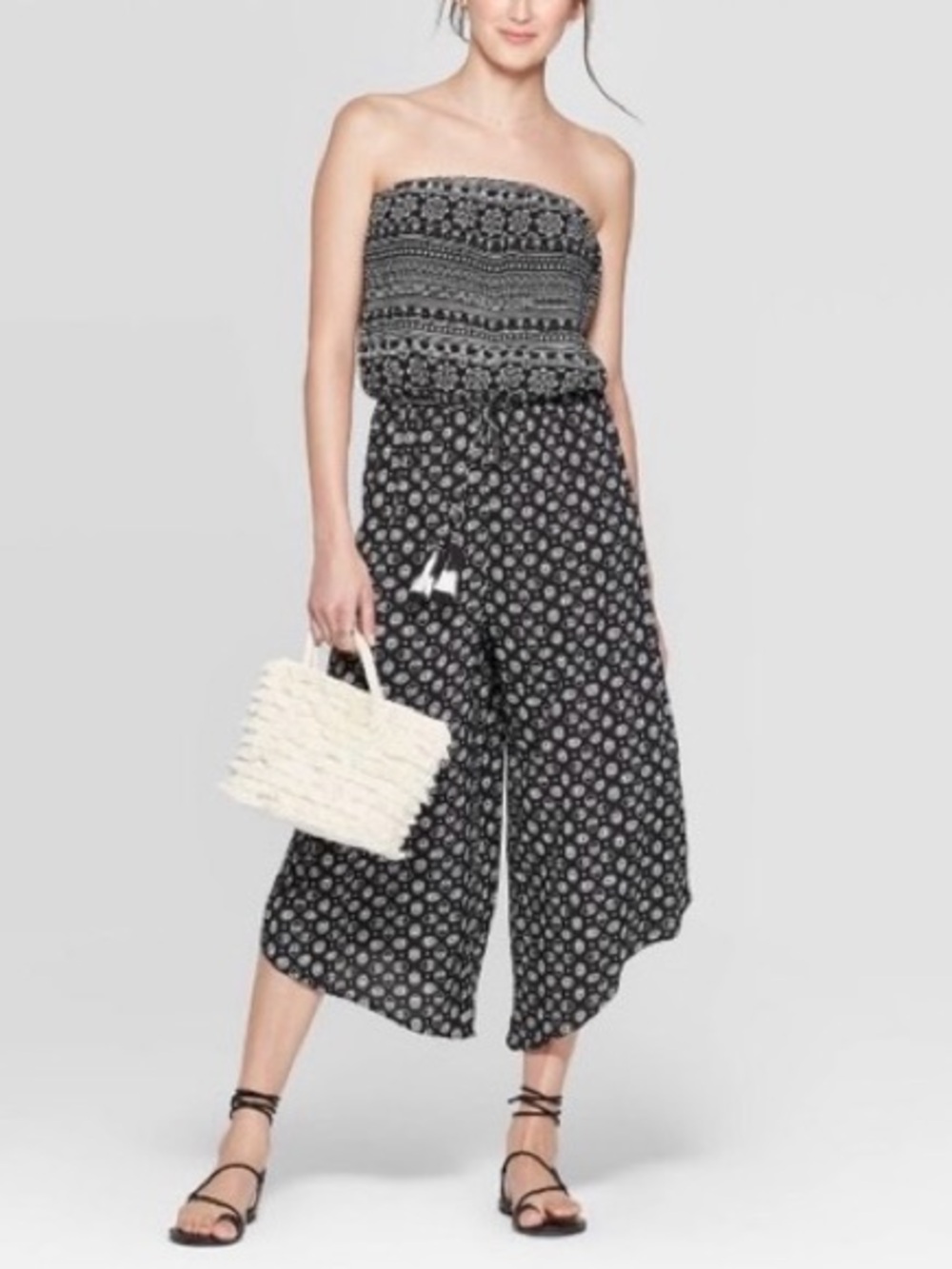 Xhilaration Black & White Strapless Printed Jumpsuit Romper